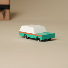 Load image into Gallery viewer, wooden-candy-wagon-teal-with-a-brown-stripe-and-white-top