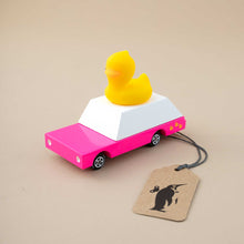 Load image into Gallery viewer, pink-wooden-matchbox-car-with-yellow-duck-on-roof