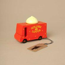 Load image into Gallery viewer, red-wooden-food-truck-topped-with-dumpling-and-golden-lotus-painted-on-the-side