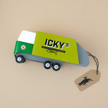 Load image into Gallery viewer, green-wooden-garbage-truck-with-black-text-reading-ickys-best-bad-wate-management