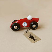 Load image into Gallery viewer, red-wooden-competiton-car-with-blue-number-1