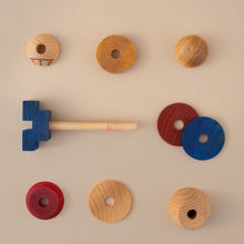 Load image into Gallery viewer, all-parts-of-wooden-stackable-figurine-in-blue-red-and-wood