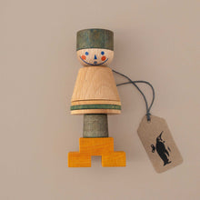 Load image into Gallery viewer, wooden-stackable-figurine-with-green-hat-and-yellow-feet