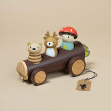 Load image into Gallery viewer, wooden-timber-taxi-log-shaped-with-bear-deer-and-mushroom-peg-dolls