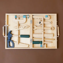 Load image into Gallery viewer,    wooden-tool-play-set-with-10-tools-plyers-hammer-saw-screwdriver-ruler-wrench-clamp-in-case