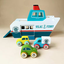 Load image into Gallery viewer, wooden-blue-and-white-ferry-boat-with-three-cars