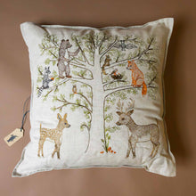 Load image into Gallery viewer, woodland-tree-of-life-pillow-with-embroidered-deer-racoon-bear-fox-owl