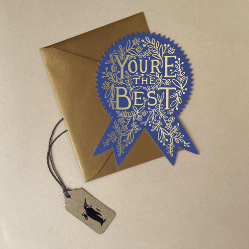 youre-the-best-greeting-card-shaped-like-award-ribbon-with-gold-foliling-and-gold-envelope
